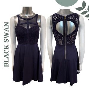 🛍️3/$40 Black Swan Navy Fit & Flare Dress with Sheer Lace Detail Open Back Small